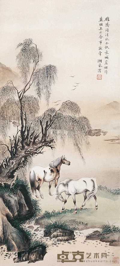 戈湘岚 柳荫双骏 立轴 86×39cm